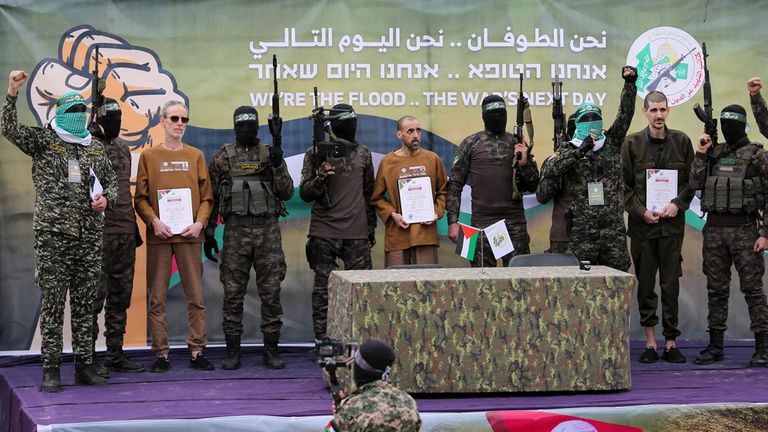 The hostages were paraded on stage before their release. Pic: Reuters