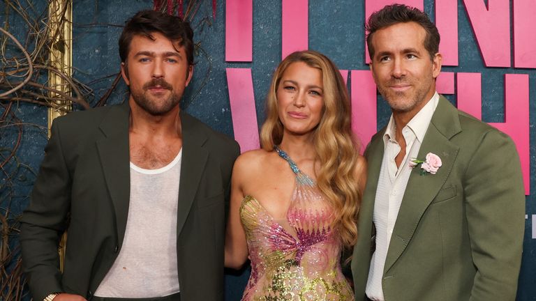 Brandon Sklenar, Blake Lively and Ryan Reynolds attend the It Ends With Us premiere in New York City in August 2024. Pic: Reuters