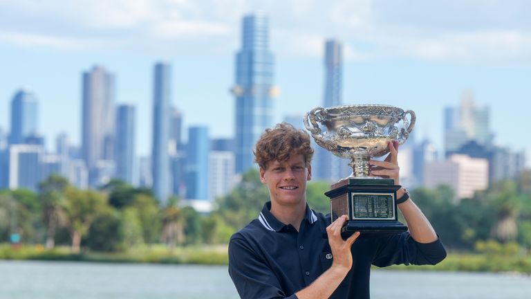 Italian Janik Sinner beat Germany's Alexander Zverev in the men's singles final at the Australian Open Tennis Championship in Melbourne, Australia, on the morning of posing at the Norman Brooks Challenge Cup. January 27th (AP Photo/Mark Baker)