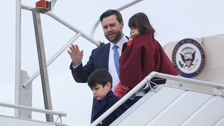 JD Vance and his children arrive at Paris Orly Airport in Orly, France.
Pic: Reuters