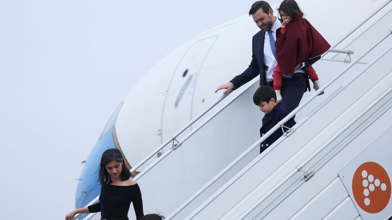 JD Vance, Usha Vance and their children  arrive at Paris Orly Airport in Orly, France.
Pic: Reuters