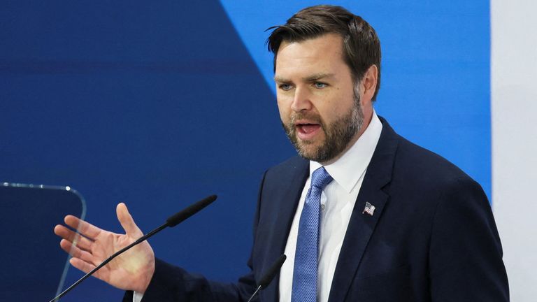 U.S. Vice President JD Vance gives a speech at the Munich Security Conference (MSC) in Munich, Germany February 14, 2025. REUTERS/Leah Millis