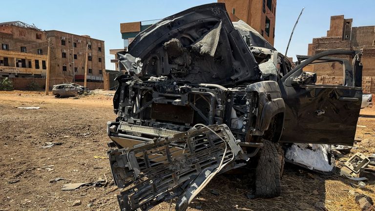 Wreckage of a car in the Kafouri area of Sudan