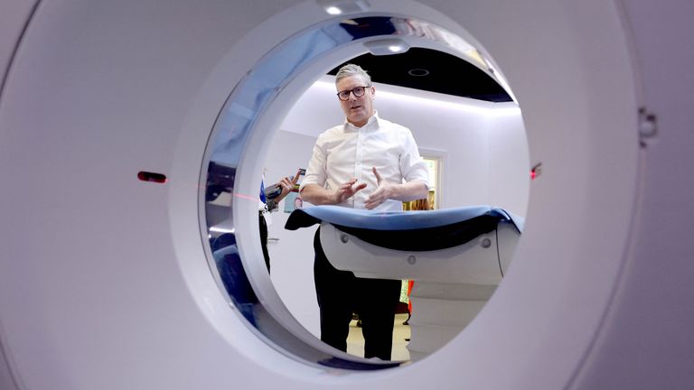 Keir Starmer is shown a CT (Computed Tomography) Scanner during a visit to North Bristol Community Diagnostic Centre, Asda Patchway Supercentre in Bristol.
Pic: Reuters