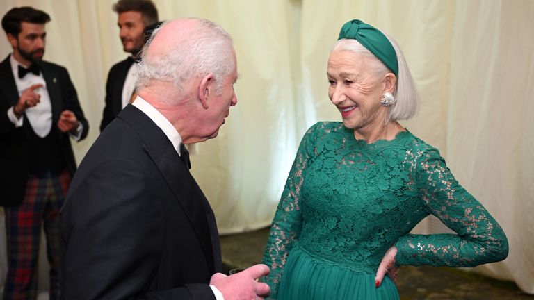 King Charles III greets Helen Mirren during a dinner in celebration of Slow Food at King Charles III's Gloucestershire estate, Highgrove Gardens, Tetbury, Gloucestershire. Picture date: Friday February 7, 2025.

