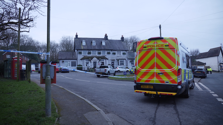 Scene of fatal shooting at Three Horseshoes pub in Knockholt, Kent, on Friday evening (February 14, 2025). Screengrabs from SN footage. No credit