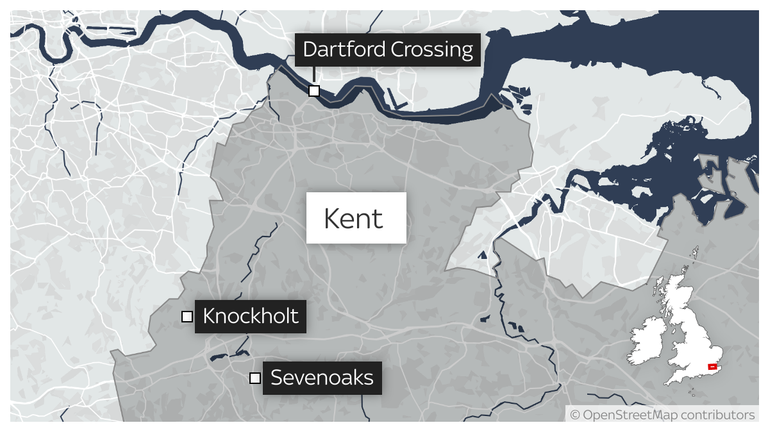 map to illustrate key locations in fatal shooting of a woman at a pub in Knockholt in Kent on Valentine's Day. Sevenoaks is just the nearest town. Dartford Crossing is where the suspect's car was found abandoned