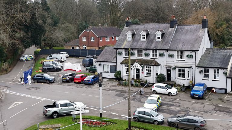 A police cordon at the Three Horseshoes pub in Knockholt, Sevenoaks in Kent, after emergency services were called just after 7pm on Friday amid reports a woman had suffered serious injuries. A male suspect fled the scene and is yet to be found. Picture date: Saturday February 15, 2025