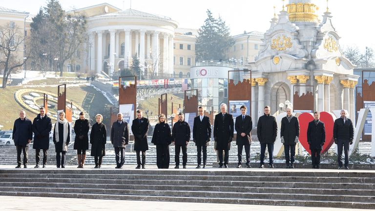 Ukraine&#39;s President Volodymyr Zelenskiy with his wife Olena, European Commission President Ursula von der Leyen, European Council President Antonio Costa, Canada&#39;s Prime Minister Justin Trudeau, Spanish Prime Minister Pedro Sanchez, Latvia&#39;s President Edgars Rinkevics, President of Lithuania Gitanas Nauseda, Estonian Prime Minister Kristen Michal, Denmark&#39;s Prime Minister Mette Frederiksen, Icelandic Prime Minister Kristrun Frostadottir, Norwegian Prime Minister Jonas Gahr Stoere, Finnish Presid