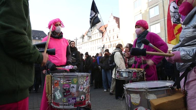 Anti-AfD protesters gather outside an AfD rally in Saxony