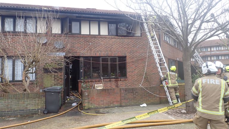 A home in West Hampstead after an e-scooter fire.
Pic: London Fire Brigade/PA