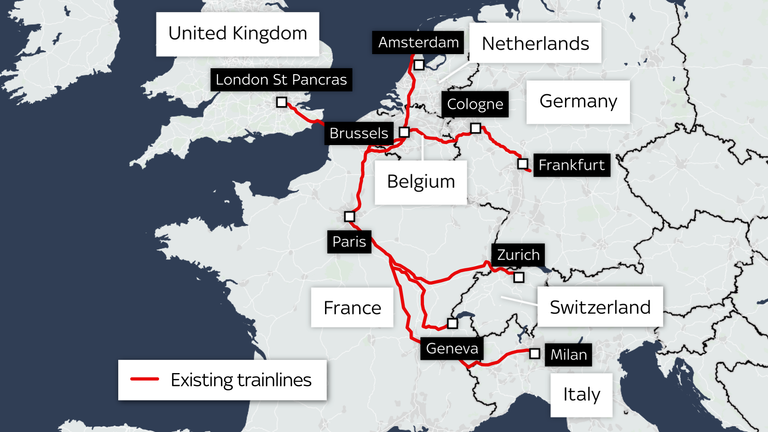 A map showing existing train lines from London St Pancras to Europe