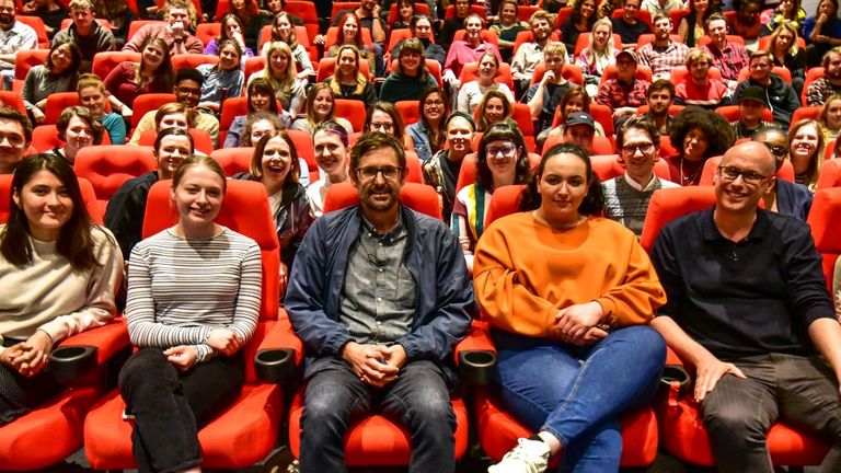 Theroux with the film school students. Pic: NFTS