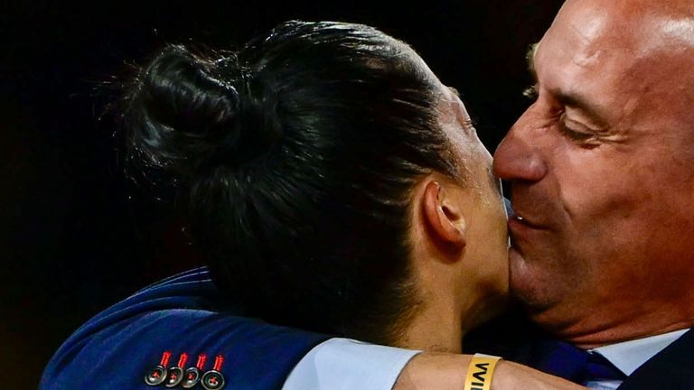 Pic: Richard Callis/SPP/Shutterstock

FIFA Womens World Cup 2023 - Spain v England - Stadium Australia, Sydney, Australia, August 20th 2023:, Sydney, NSW, Australia - 20 Aug 2023
Sydney, Australia, August 20th 2023: Spanish Football Federation (RFEF) President Luis Rubiales kisses Jenni Hermoso after Spain win the FIFA Womens World Cup 2023 final football match between Spain and England at Stadium Australia in Sydney, Australia. (Richard Callis / SPP)

20 Aug 2023