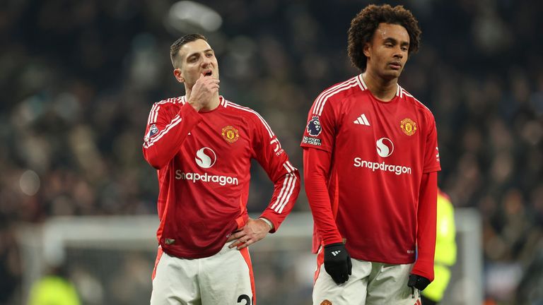 Manchester United's Diogo Dalot, left, and Joshua Zirkzee after, another, recent loss.
Pic: AP/Ian Walton