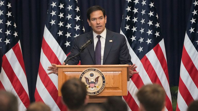Marco Rubio during a meet-and-greet at the United States Embassy in Panama City. Pic: AP/Mark Schiefelbein