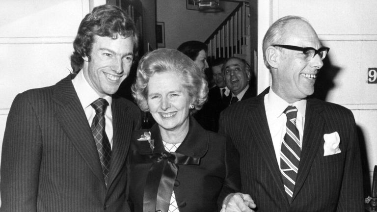 Margaret Thatcher with her husband Denis and their son Mark after she won the 1975 Tory leadership contest. Pic: AP