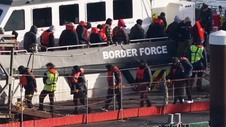 A group of people thought to be migrants are brought in to Dover, Kent, from a Border Force vessel following a small boat incident in the Channel. Picture date: Wednesday February 5, 2025.
