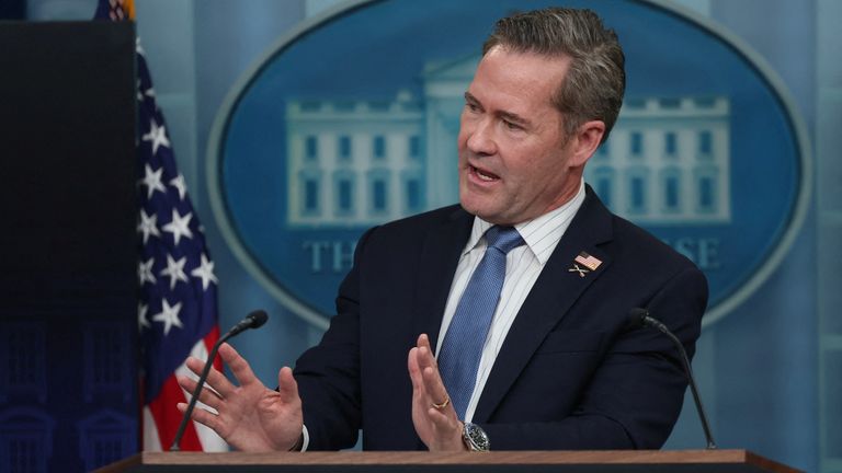 White House National Security adviser Mike Waltz speaks to members of the media from the briefing room at the White House in Washington, D.C., U.S., February 20, 2025. REUTERS/Leah Millis