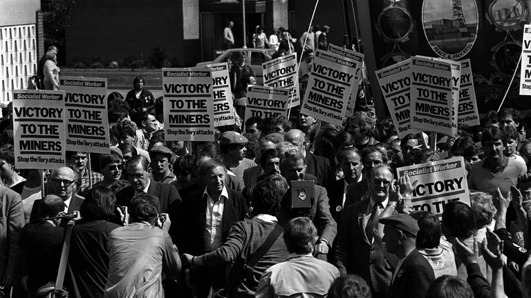 A march by striking miners in Nottinghamshire in May 1984. 
Pic: PA Archive