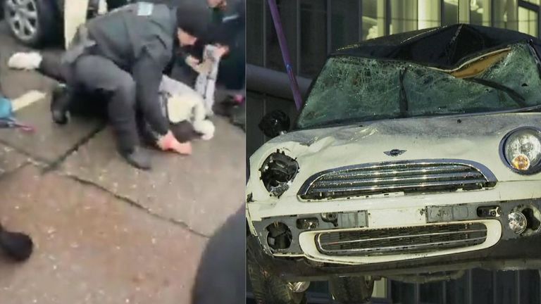 Footage shows police in Germany arresting a 24-year-old Afghan asylum seeker after he drove his car into a crowd of people in Munich. The damaged car was later towed by authorities.