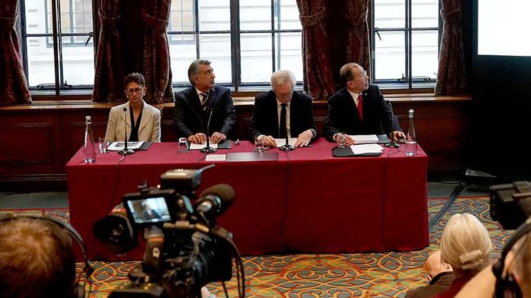 Professor Neena Modi, barrister Mark McDonald, David Davis MP and Dr Shoo Lee, during the press conference.
Pic: PA