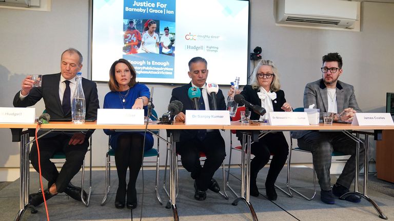 Neil Hudgell, Emma Webber, Dr Sanjoy Kumar, Dr Sinead O'Malley and James Coates speaking to the media during a press conference.
Pic: PA