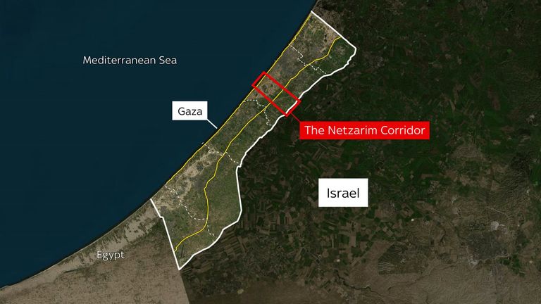 A map showing the Netzarim corridor in the Gaza Strip