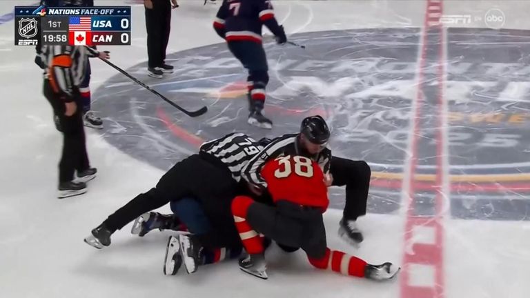  SNTV No archive. No use after 18/02/2025
Still from footage of NHL game between United States and Canada at the 4 Nations Face-Off in Montreal. match started with three fights in the first nine seconds