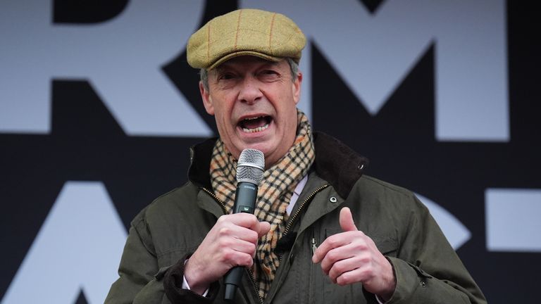 Reform UK leader Nigel Farage delivers a speech as he joins farmers and their tractors at Belmont Farm in north London, ahead of a rally in Westminster over the changes to inheritance tax (IHT) rules in the budget that introduced new taxes on farms worth more than £1 million. Picture date: Monday February 10, 2025.