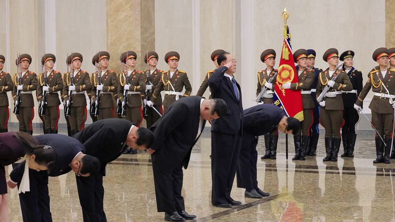 North Korean leader Kim Jong Un visits the Kumsusan Palace of the Sun to mark the birth anniversary of the late leader Kim Jong Il in Pyongyang, North Korea, February 16, 2025, in this photo released by North Korea's official Korean Central News Agency. KCNA via REUTERS ATTENTION EDITORS -