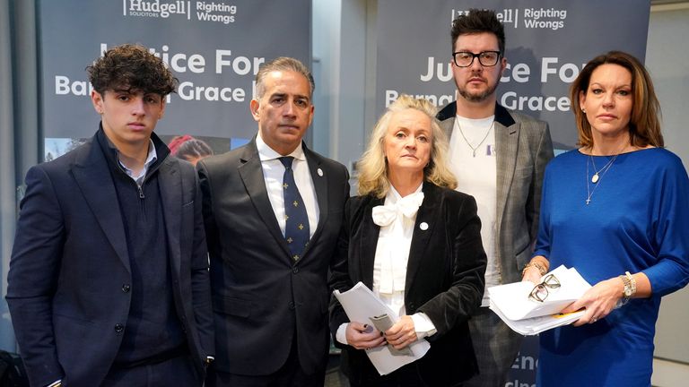 From left: Grace O'Malley-Kumar's brother James, with parents Dr Sanjoy Kumar and Dr Sinead O'Malley, James Coates, Ian Coates' son, and Emma Webber, Barnaby Webber's mother. Pic: PA