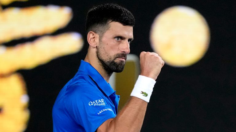 Novak Djokovic of Serbia celebrates after defeating Jiri Lehecka of the Czech Republic at the Australian Open tennis championship in Melbourne, Australia, Sunday, Jan. 19, 2025. (AP Photo/Asanka Brendon Ratnayake)