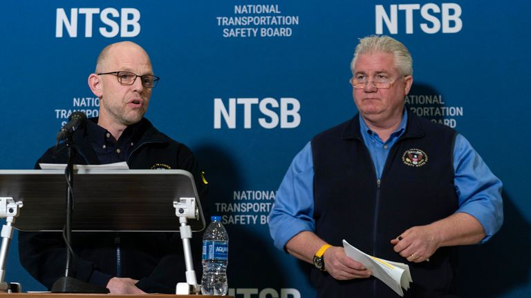 Brice Banning, left, investigator in charge, and National Transportation Safety Board member Todd Inman speak during a news conference at Ronald Reagan Washington National Airport, Saturday, Feb. 1, 2025, in Arlington, Va. (AP Photo/Jose Luis Magana)