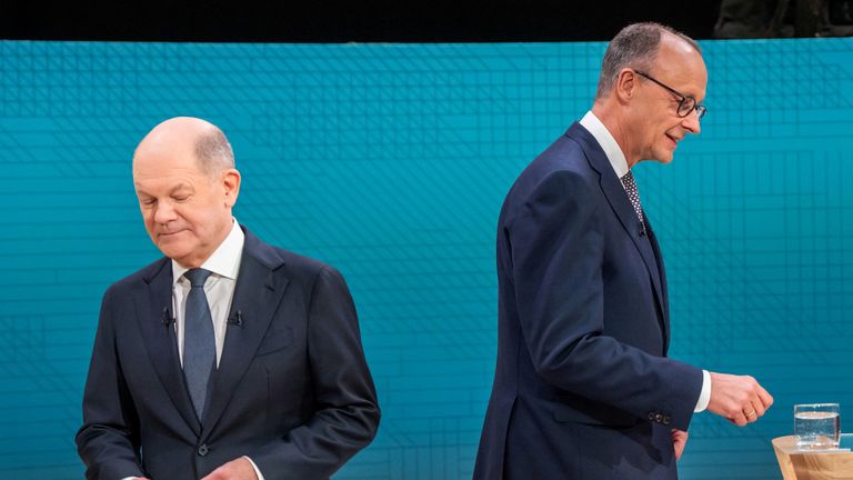 Social Democratic Party (SPD) Chancellor Olaf Scholz and his Christian Democratic Union (CDU) rival Friedrich Merz during a TV debate. Pic: Reuters