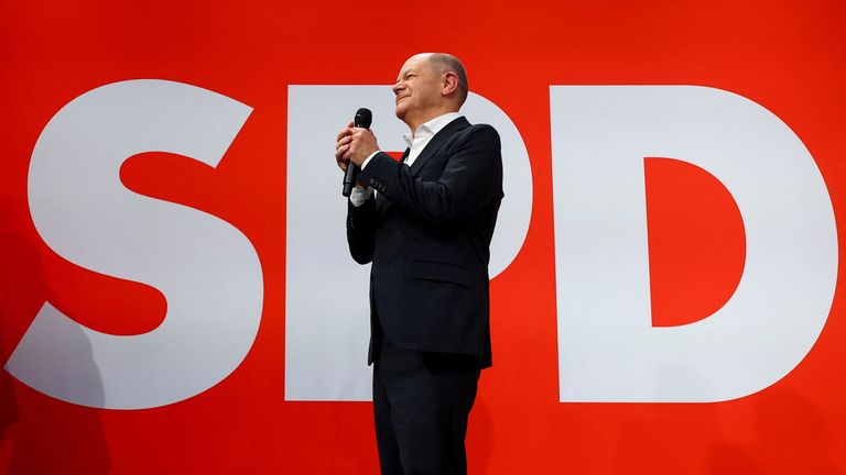 German Chancellor Olaf Scholz of the Social Democratic Party (SPD) gestures after the exit poll results are announced for the 2025 general election, in Berlin, Germany, February 23, 2025. REUTERS/Lisi Niesner