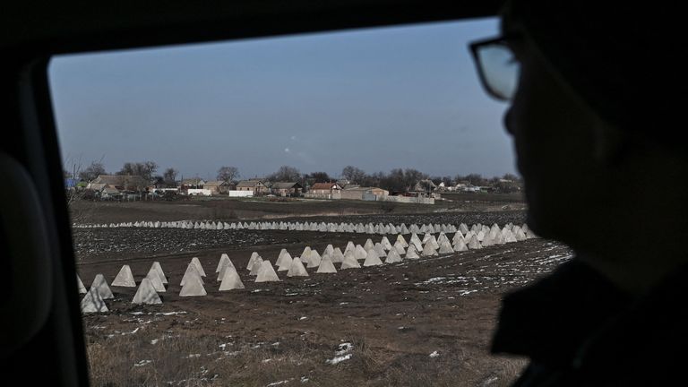 Anti-tank obstacles near the town of Orikhiv, amid Russia's attack on Ukraine, in Zaporizhzhia region, on 12 February 2025. Pic: Reuters