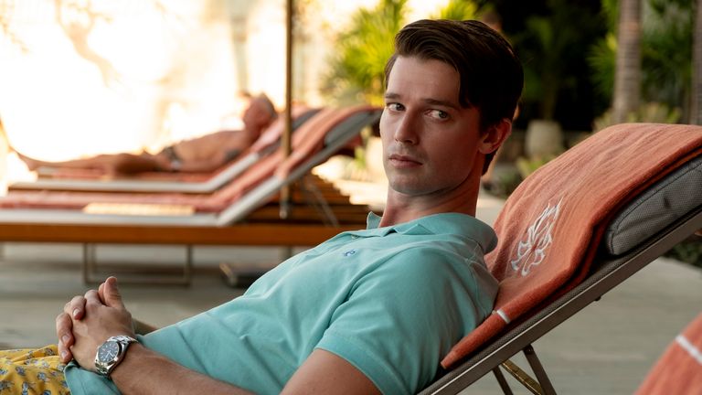 Production shot of actor Patrick Schwarzenegger from S3 of The White Lotus Credit: HBO
From HBO media pack. Source: https://press.wbd.com/na/property/white-lotus/images