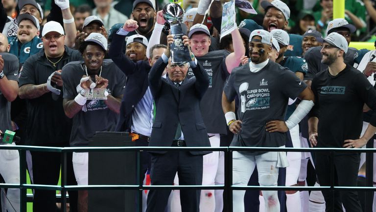 Philadelphia Eagles owner Jeffrey Lurie lifts the Vince Lombardi Trophy after his team defeated the Kansas City Chiefs. Pic: Reuters