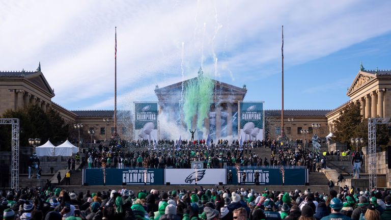 Fireworks are set off as the Philadelphia Eagles celebrate on the steps of the Philadelphia Art Meseum during the team's NFL football Super Bowl 59 victory parade and celebration, Friday, Feb. 14, 2025, in Philadelphia.. (AP Photo/Chris Szagola)