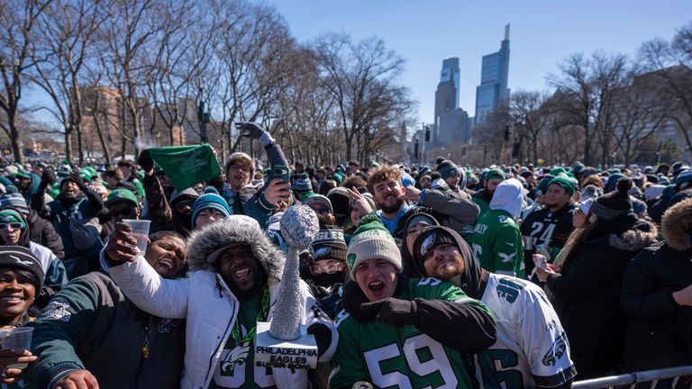 Fans celebrate during the Philadelphia Eagles NFL football Super Bowl 59 parade and celebration, Friday, Feb. 14, 2025, in Philadelphia. (AP Photo/Chris Szagola)