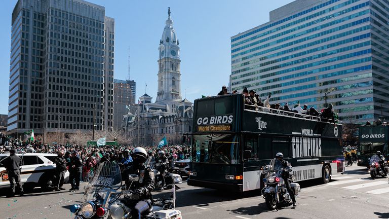 Feb 14, 2025; Philadelphia, PA, USA; The Philadelphia Eagles celebrate on buses during the Super Bowl LIX championship parade and rally. Mandatory Credit: Caean Couto-Imagn Images/Reuters