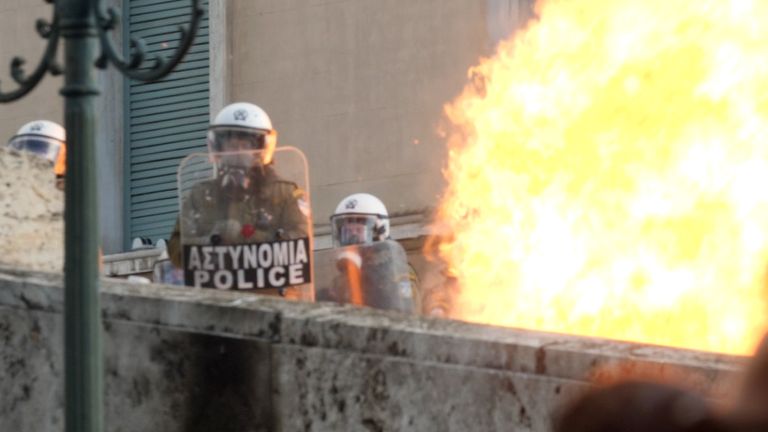 Sky’s Stuart Ramsay was inside the protests in Athens when demonstrators started clashing with the police

