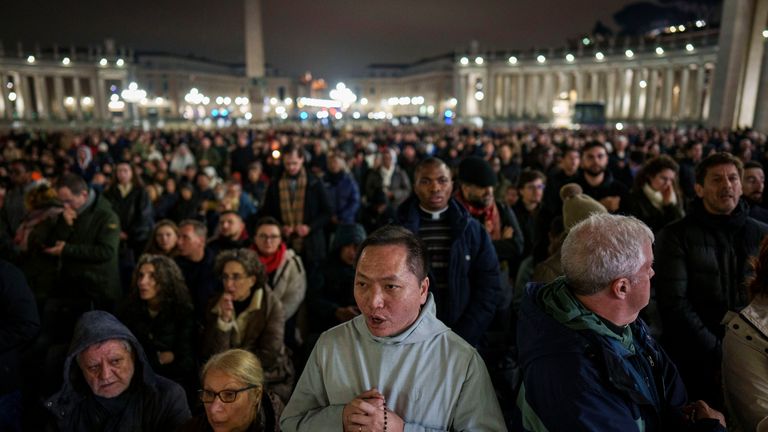 Thousands gathered in St Peter's Square on Monday night to pray for the Pope's recovery. Pic: AP