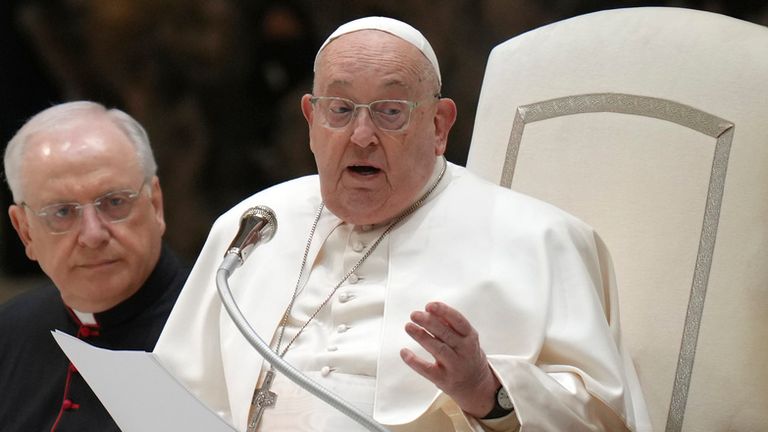 Pope Francis starts reading his speech during his weekly general audience in the Paul VI Hall, at the Vatican, Wednesday, Feb. 12, 2025. Pic: AP