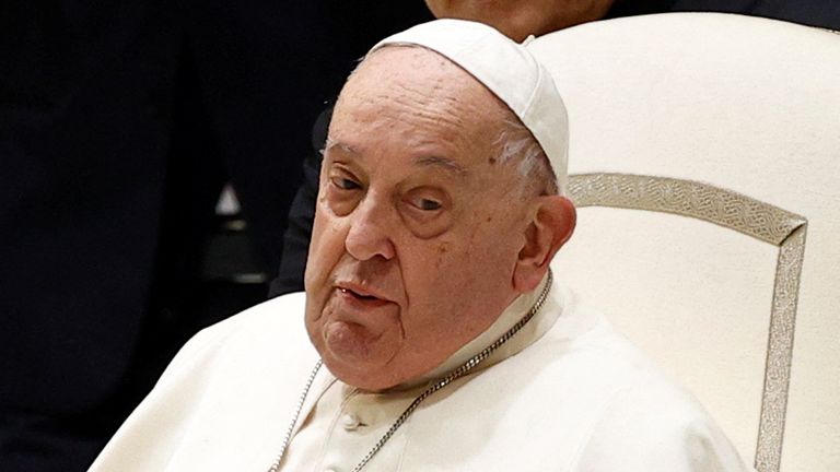 Pope Francis looks on during the Jubilee audience in Paul VI hall at the Vatican, February 1, 2025. REUTERS/Ciro De Luca