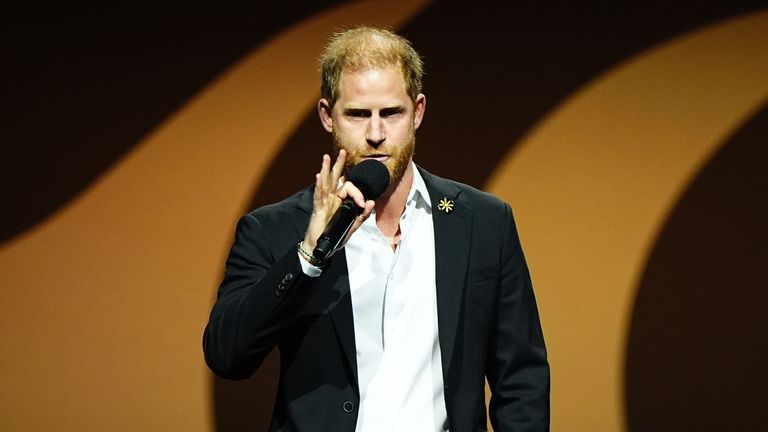 The Duke of Sussex speaking during the event on Sunday.
Pic: Pa