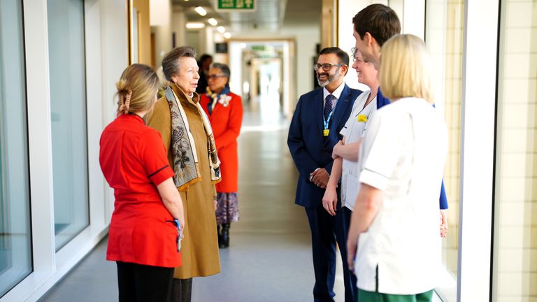 The Princess Royal meets clinicians during a visit to Southmead Hospital in Bristol, to thank the team of doctors, nurses and health professionals who treated her following her accident in June 2024.
Pic: PA