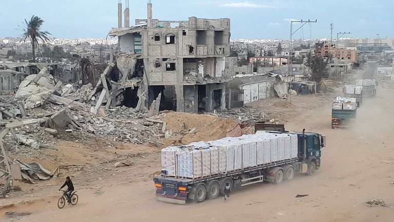 Trucks carrying aid arrive in Rafah.
Pic: Reuters