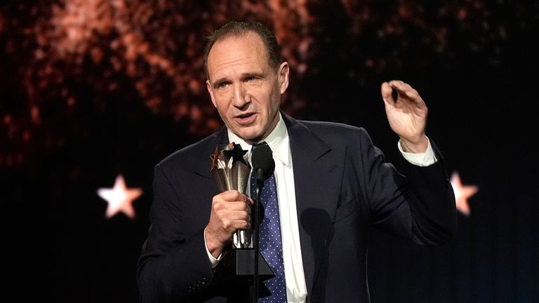 Ralph Fiennes accepts the award for best acting ensemble for Conclave at the Critics Choice Awards 2025. Pic: AP/Chris Pizzello